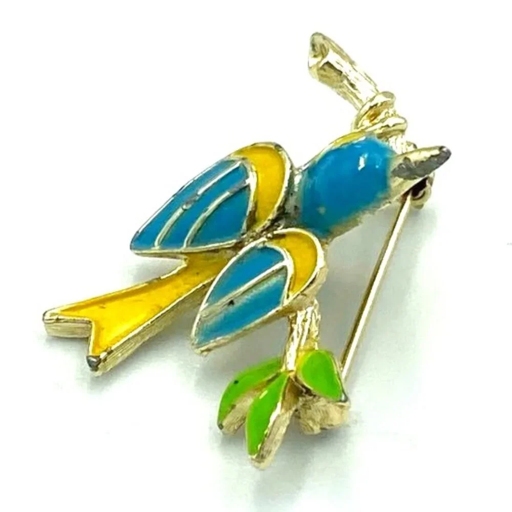 Vintage Enamel Swallow Bird on Branch‎ Pin Brooch Colorful